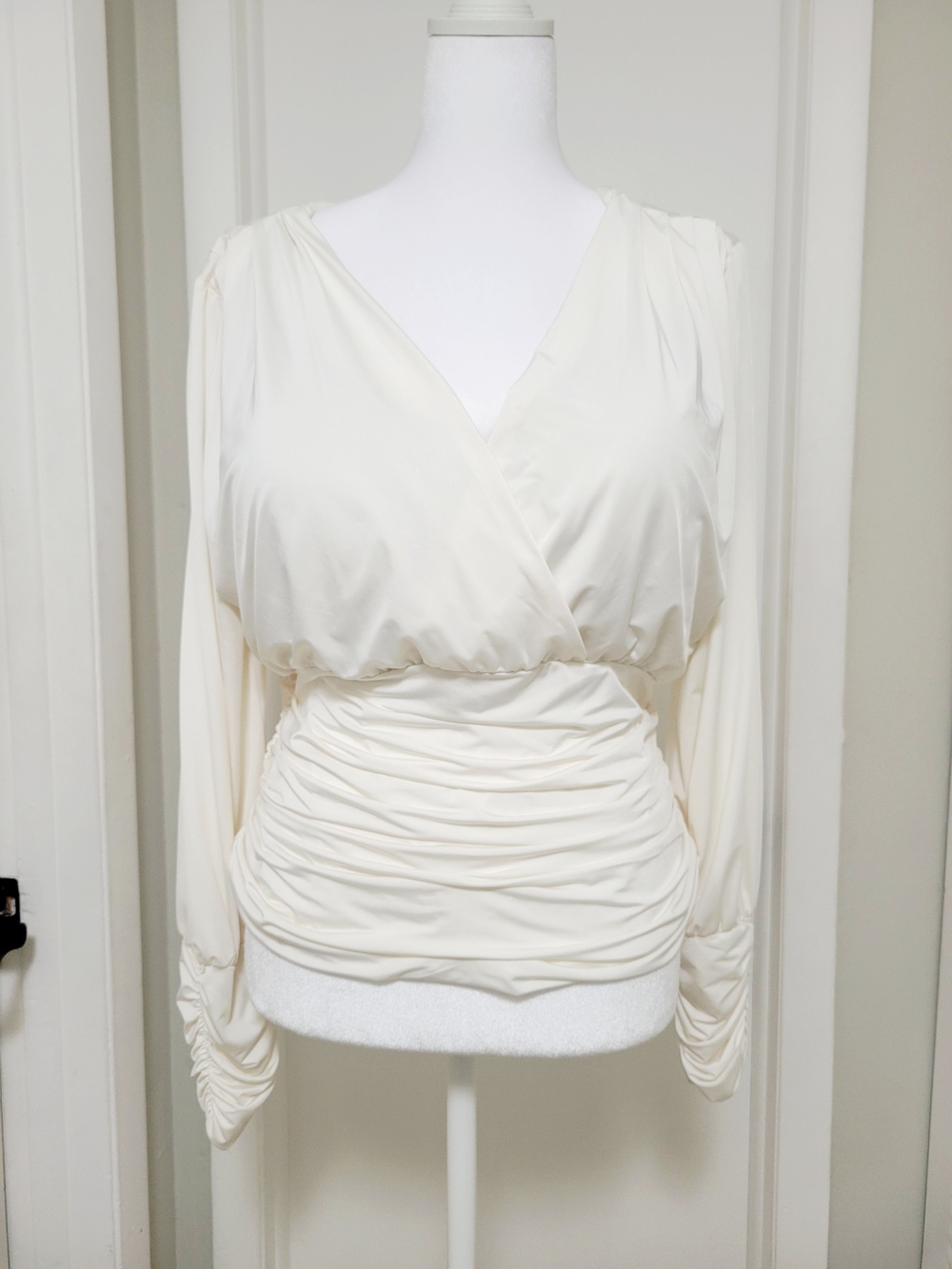 Express Cream Ruched Surplice Long-Sleeve Blouse